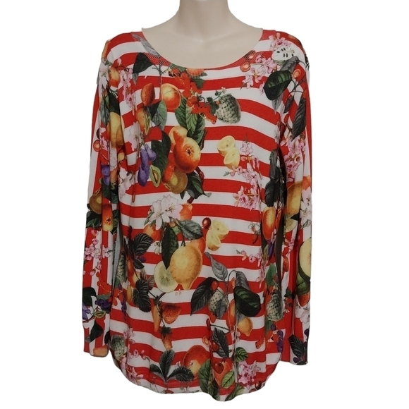 ✨Bogo FREE ✨ Boston Proper Striped Fruit Long Sleeve Sweater Top Sz M - Picture 1 of 6